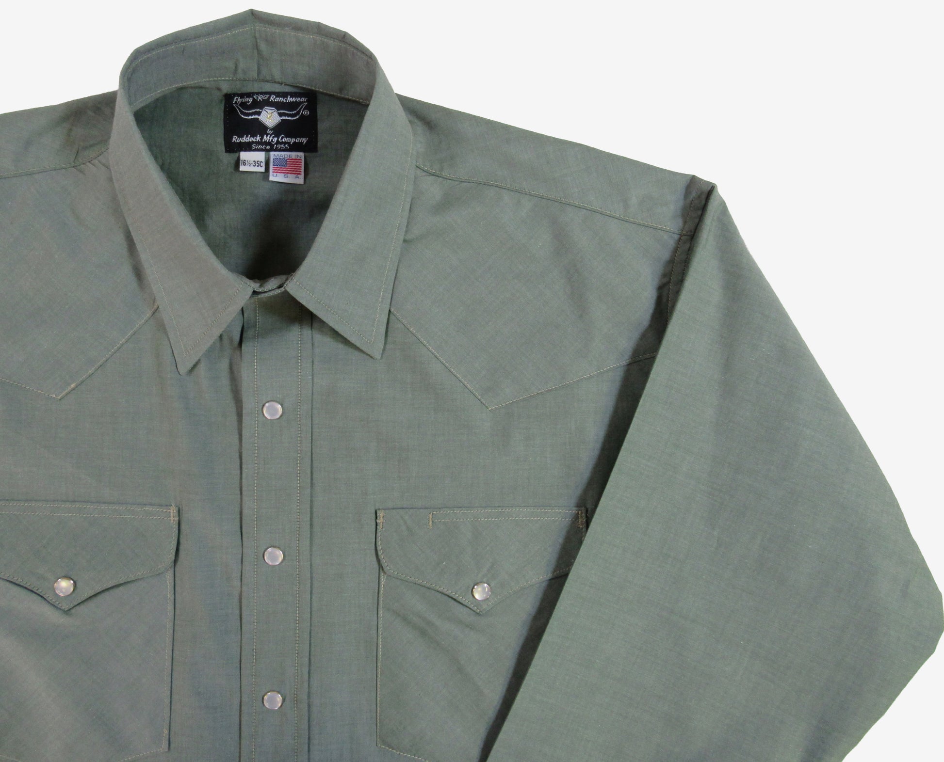 Sierra Chambray by Flying R Ranchwear in Forest green with snaps made in USA