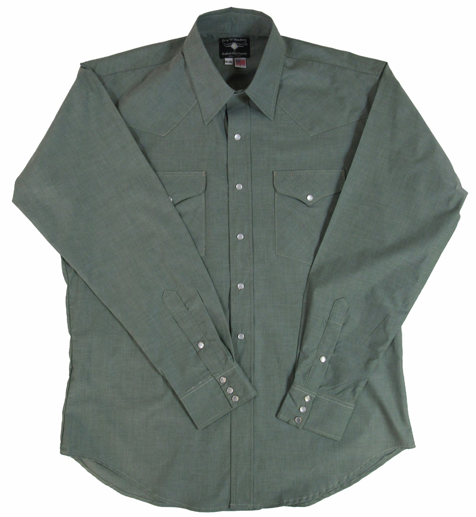 Sierra Chambray by Flying R Ranchwear in Forest green with snaps made in USA