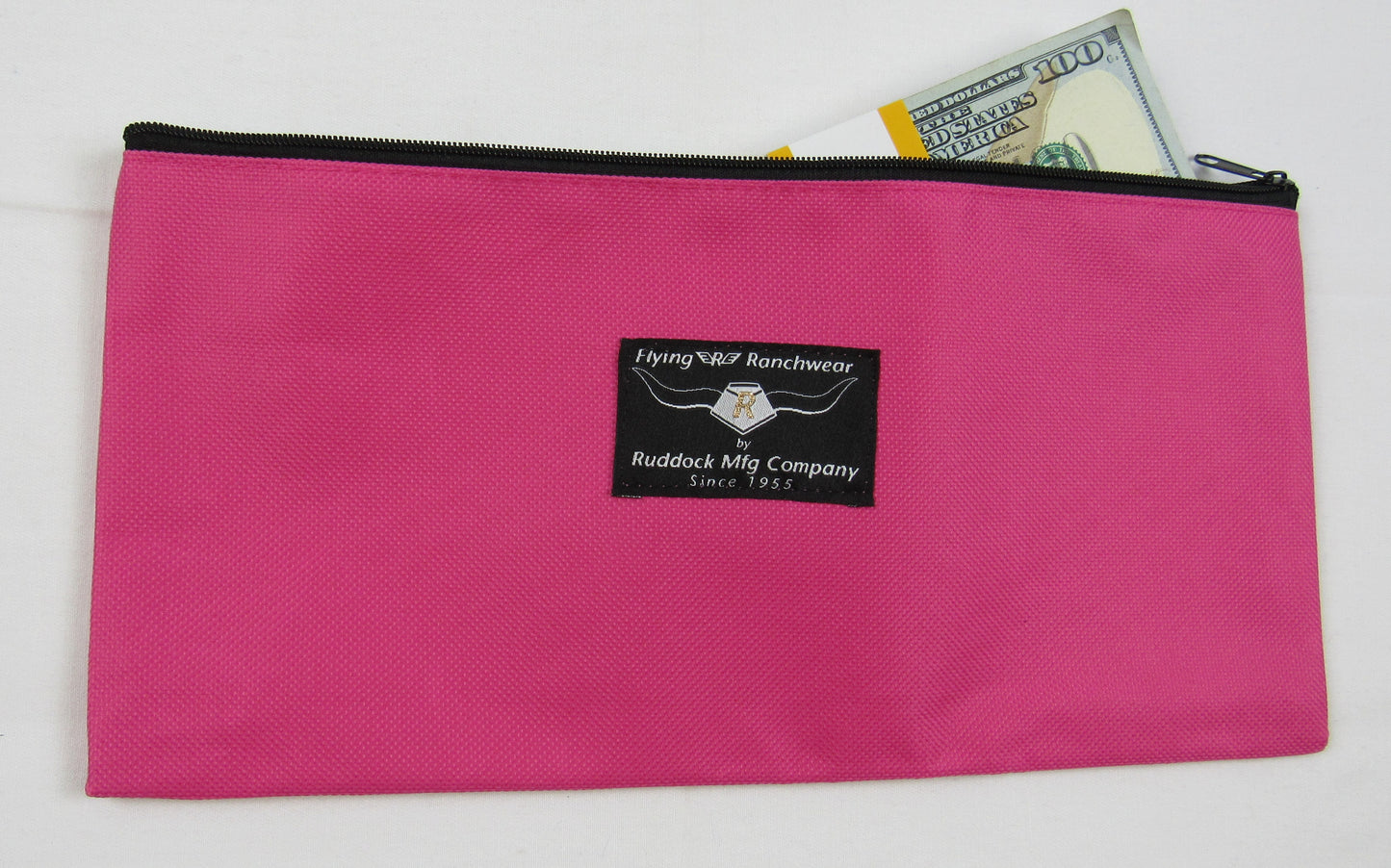 zippered gear bag in bright pink color with currency