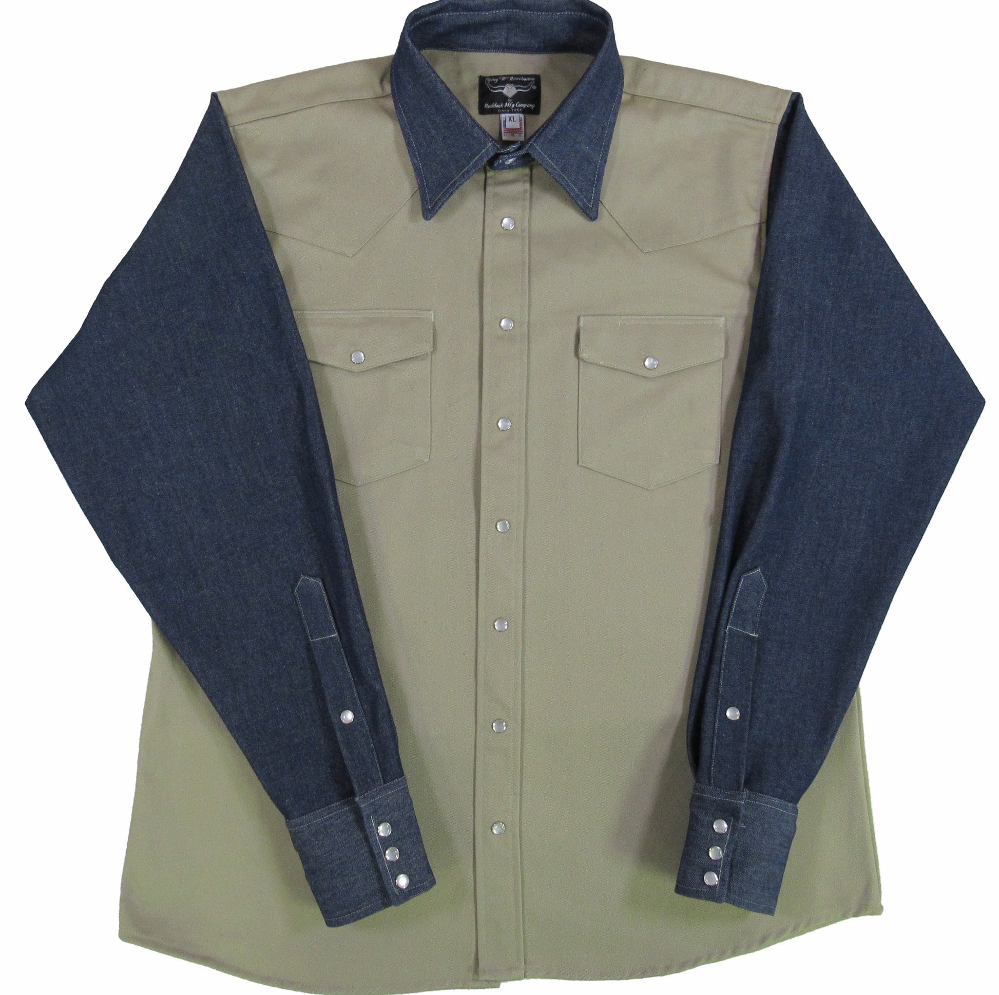 Color block with khaki and denim and snaps by Flying R Ranchwear Made in USA