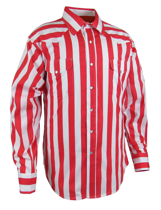 Made in USA cantina bar stripe in red and white with snaps, available in big and tall sizes, by Flying R Ranchwear Ruddock Shirts