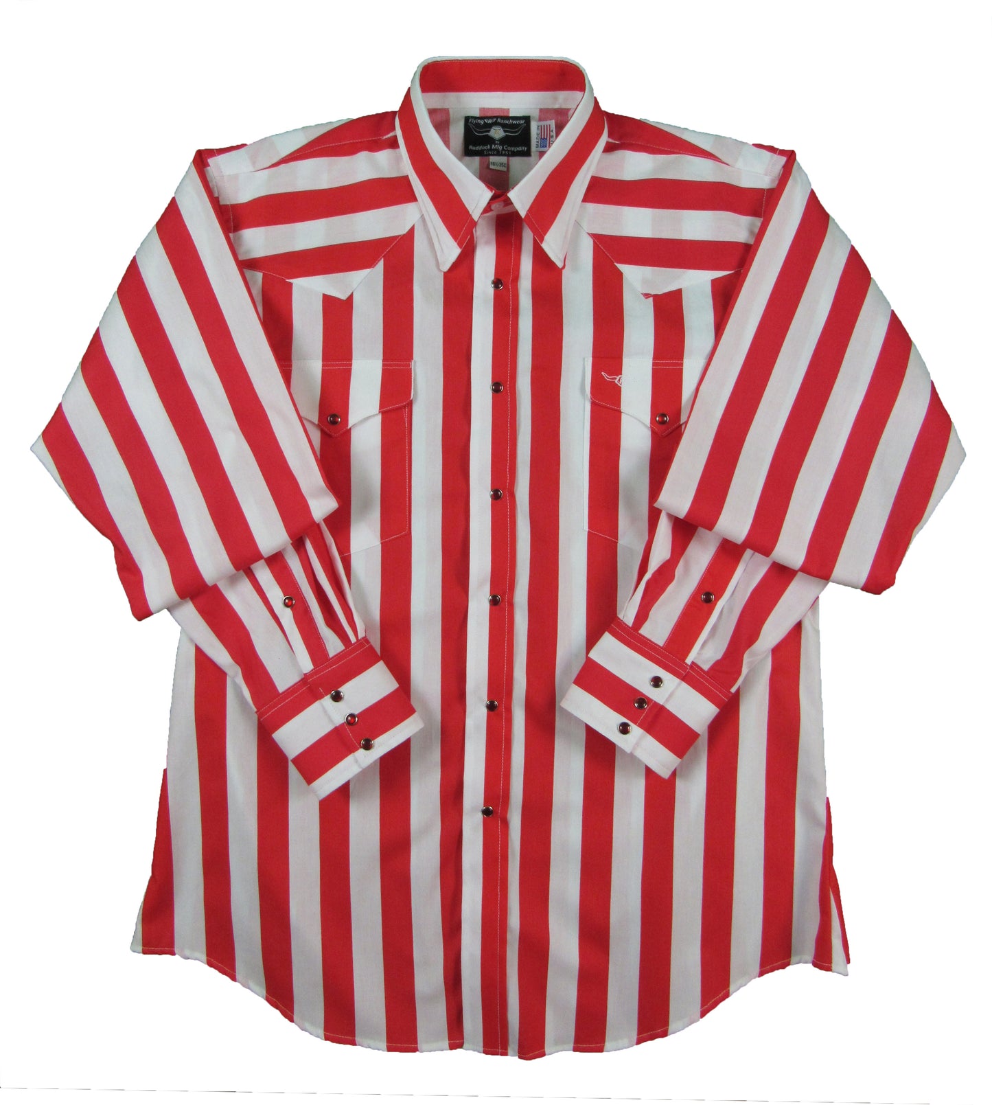 Made in USA cantina bar stripe in red and white with snaps, available in big and tall sizes, by Flying R Ranchwear Ruddock Shirts