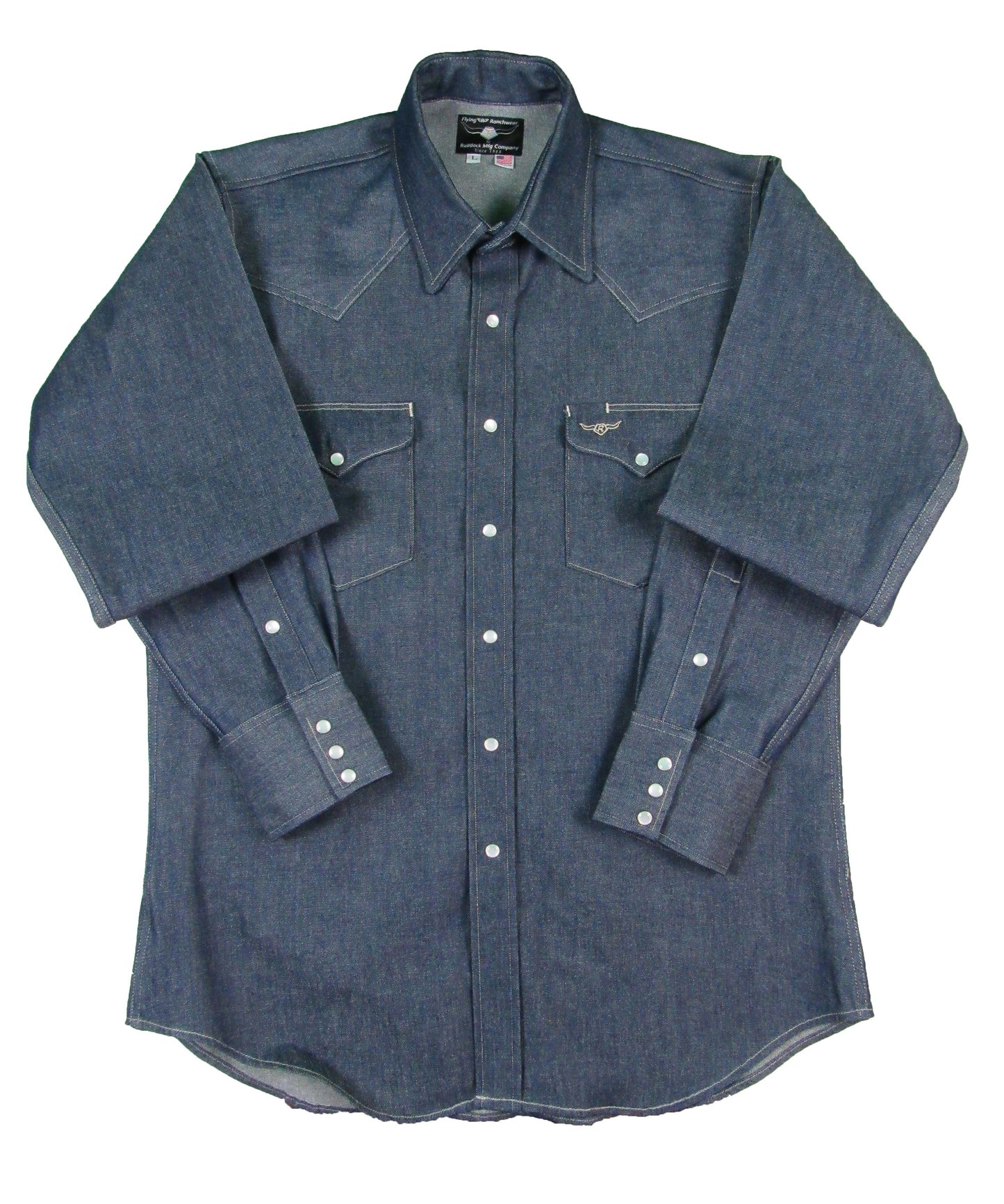 Rigid Indigo Denim Solid Work Shirt Made in USA Ruddock Shirts Big and Tall Flying R Ranchwear raw indigo denim
