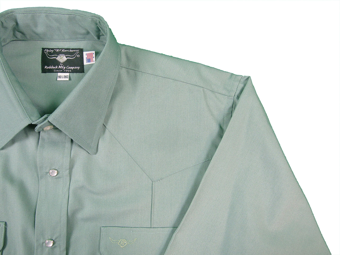 Solid Sage Green Rancher Crease Shirt Made in USA Ruddock Shirts Big and Tall Flying R Ranchwear