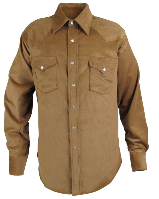 Made in USA pinwale buckskin brown corduroy with snaps, available in big and tall sizes, by Flying R Ranchwear Ruddock Shirts