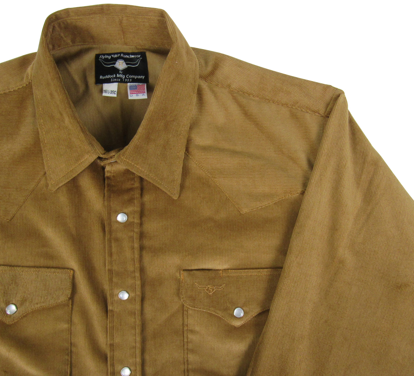 Made in USA pinwale buckskin brown corduroy with snaps, available in big and tall sizes, by Flying R Ranchwear Ruddock Shirts